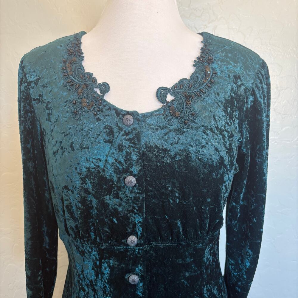 Vintage 80s 90s Emerald Crushed Velvet Beaded Lace Romantic Victorian Dress PS